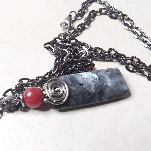 Black, Silver + Grey Norwegian Larvikite Bar Pendant + Gunmetal Black Chain - Picture 7 of 10